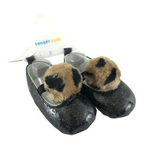 Tender Toes Baby Girls Shoes Soft Sole Mary Jane Black Glitter Pom Size 2